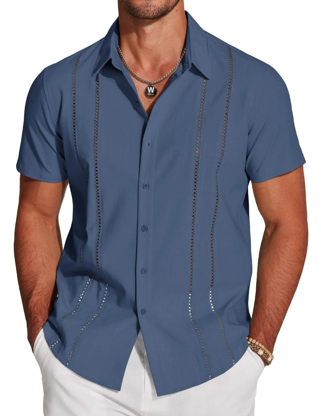 Men's slim fit Hawaiian short sleeve shirt with digital printed pattern on elastic polyester fabric