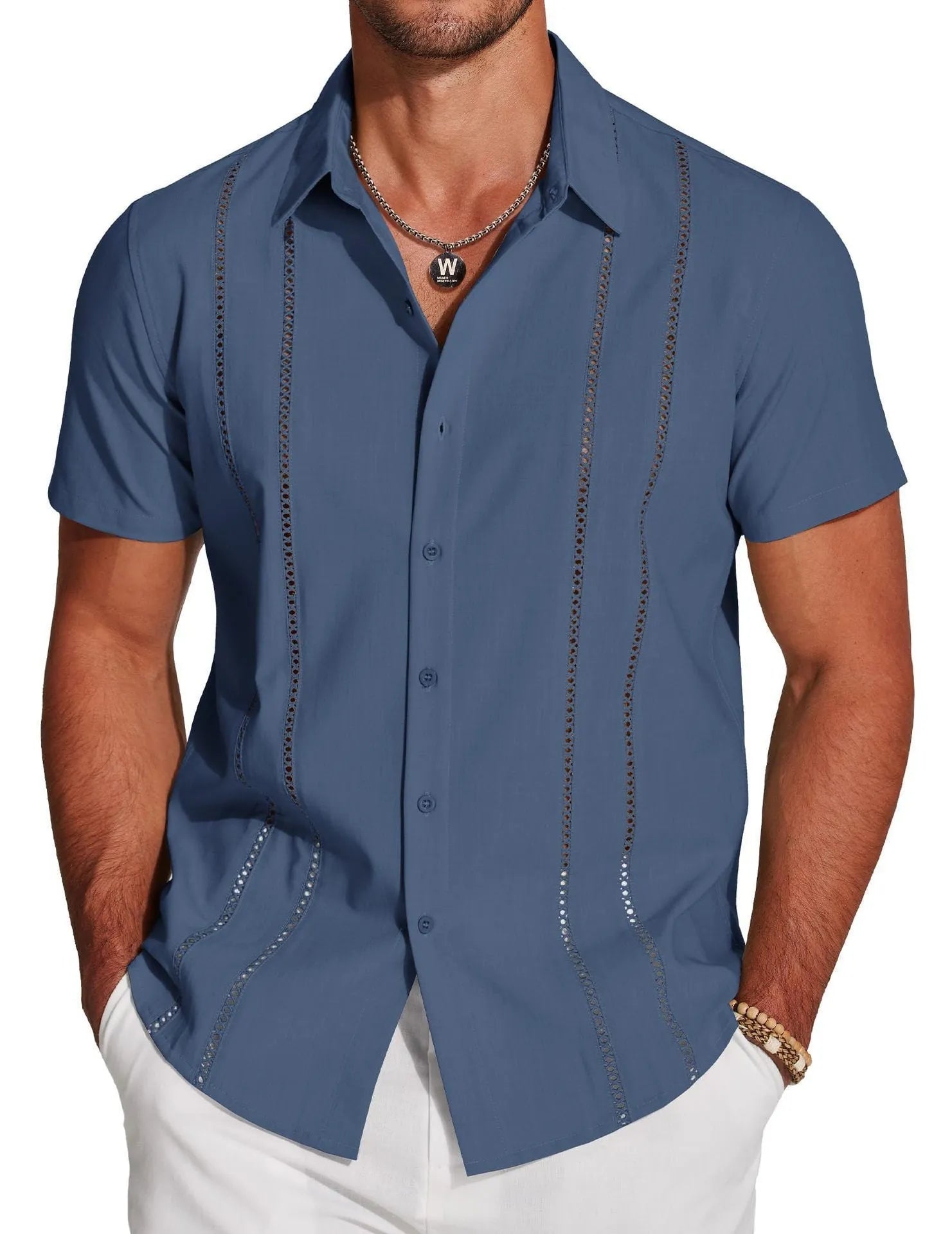 Men's slim fit Hawaiian short sleeve shirt with digital printed pattern on elastic polyester fabric