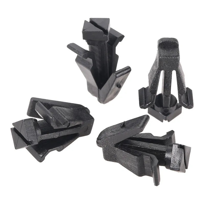 Black plastic fastening clip for Nissan bumper cover to radiator grille mounting