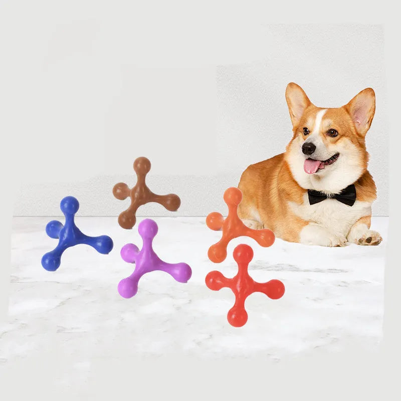 Blue three-legged silicone dog chew toy for small medium breeds on a white background.