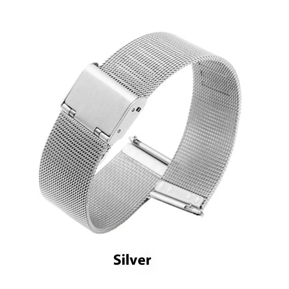 Milani stainless steel and woven silk watch band in silver, shown detached from a watch.