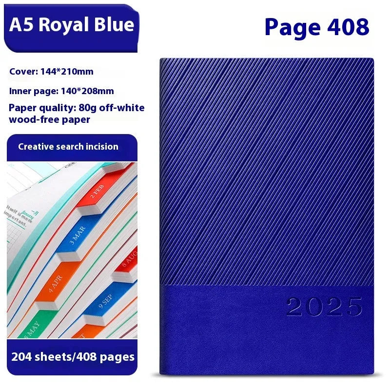Business notepad with striped PU leather cover showing 204 sheet capacity and wood-free paper