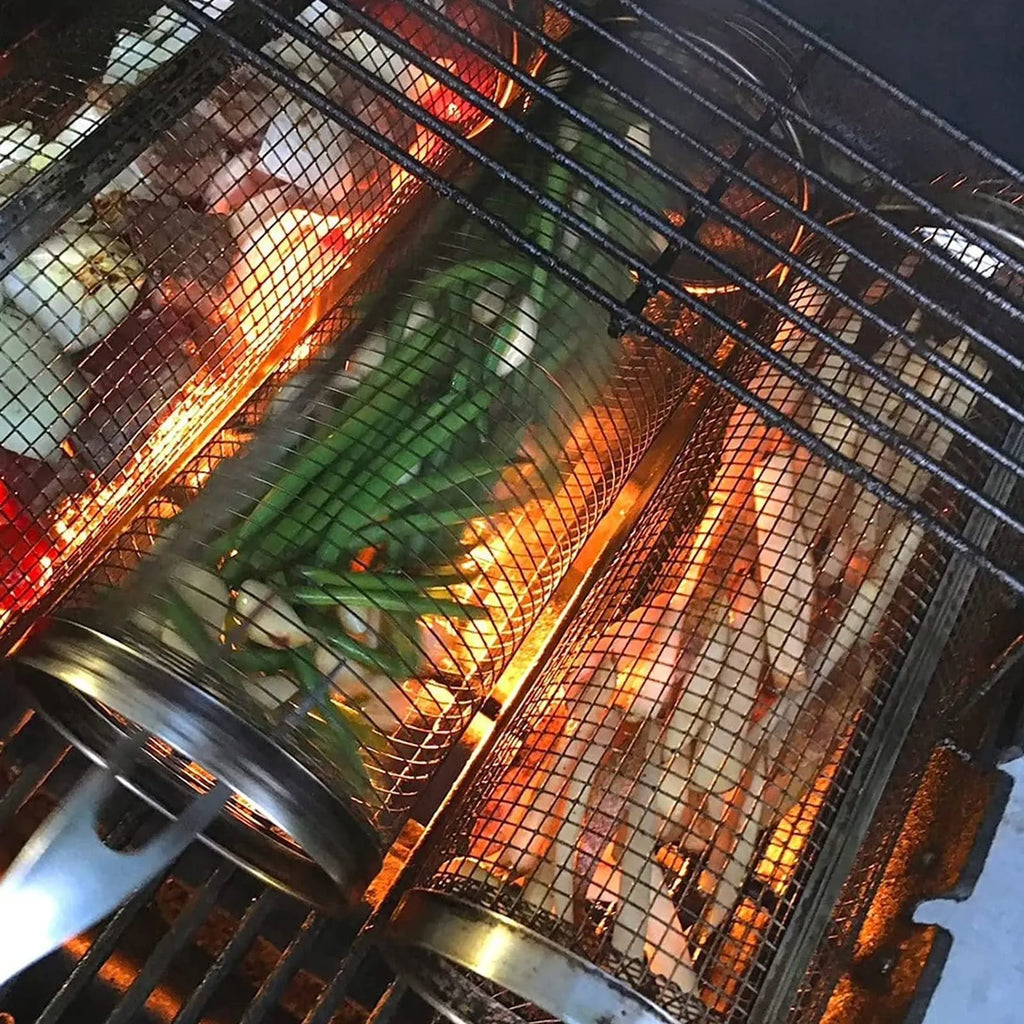 A cylindrical iron wire mesh rolling barbecue basket with a metal hook for handling.