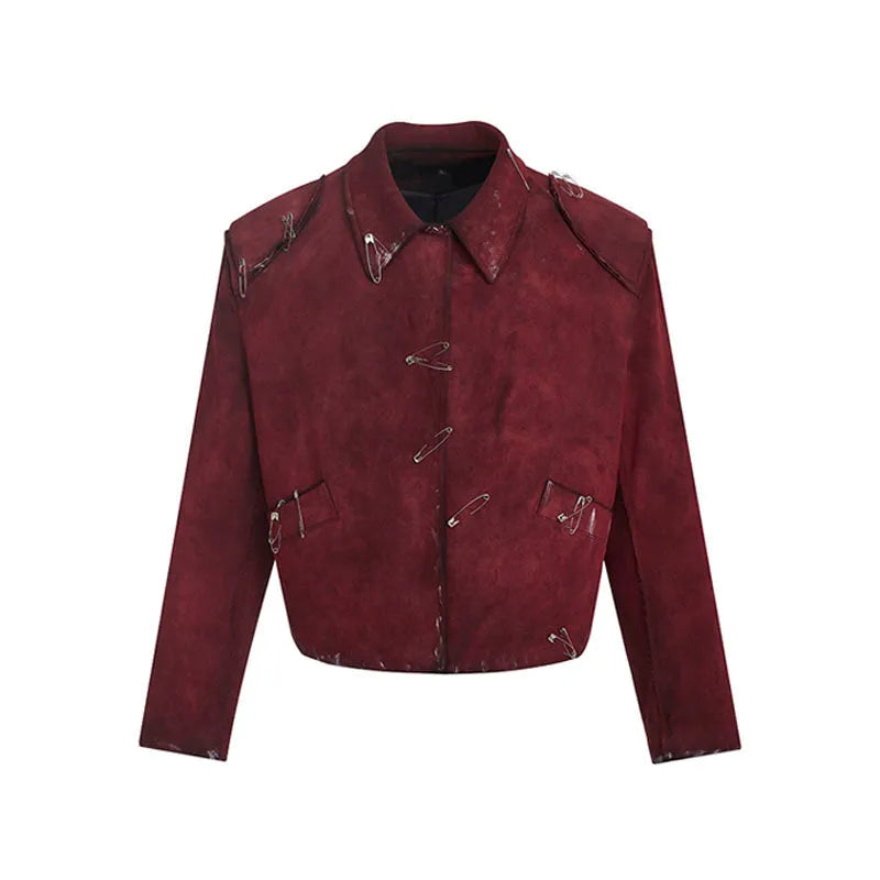 Men's red thick quilted jacket with decorative pin flocking and lapel collar in loose fit style