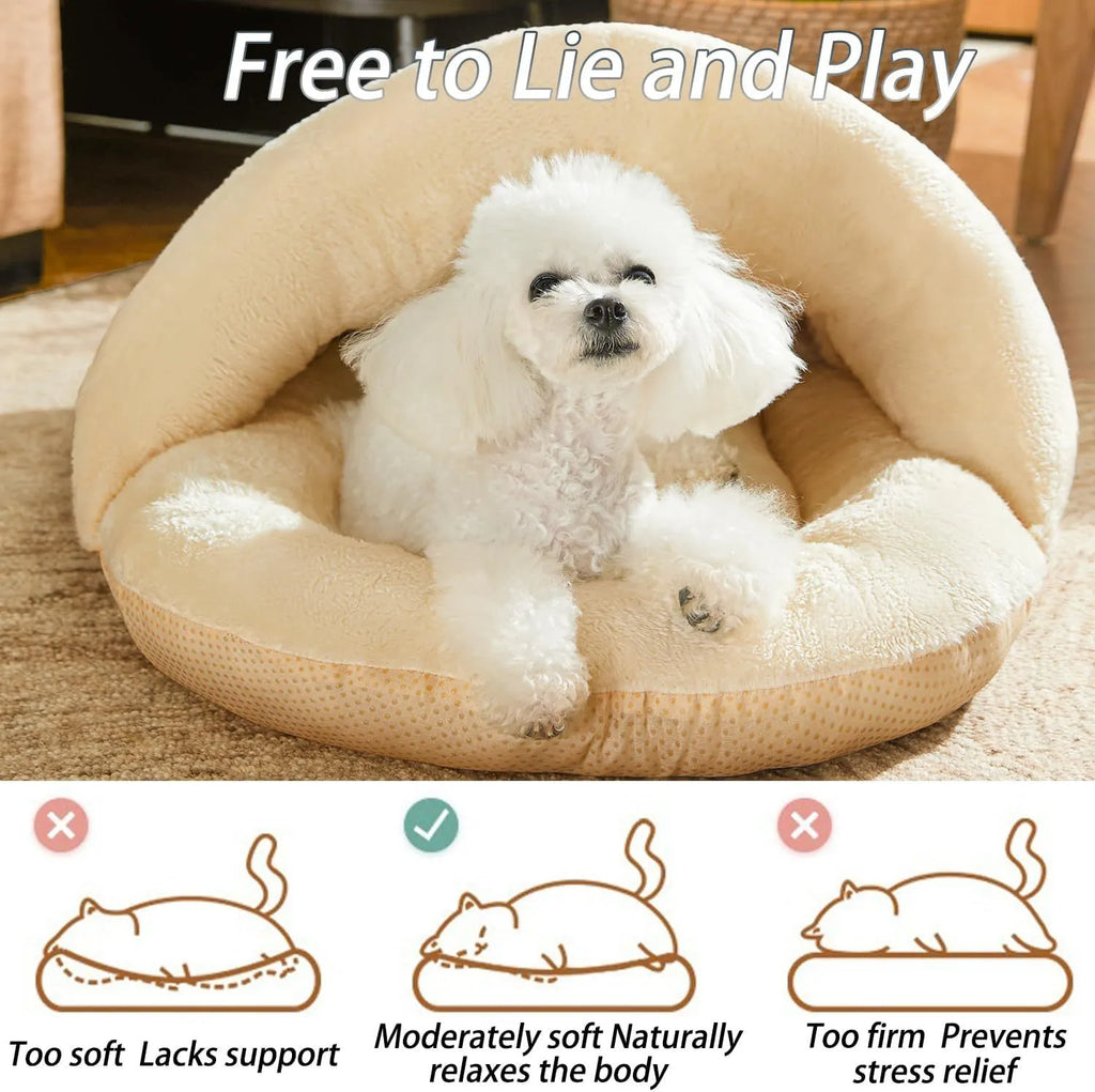 Slipper-shaped grey cat cave bed with Arctic velvet interior shown in both enclosed and open configurations