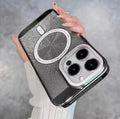 Electroplated magnetic phone case for iPhone in colours black, silver, blue, green, purple.