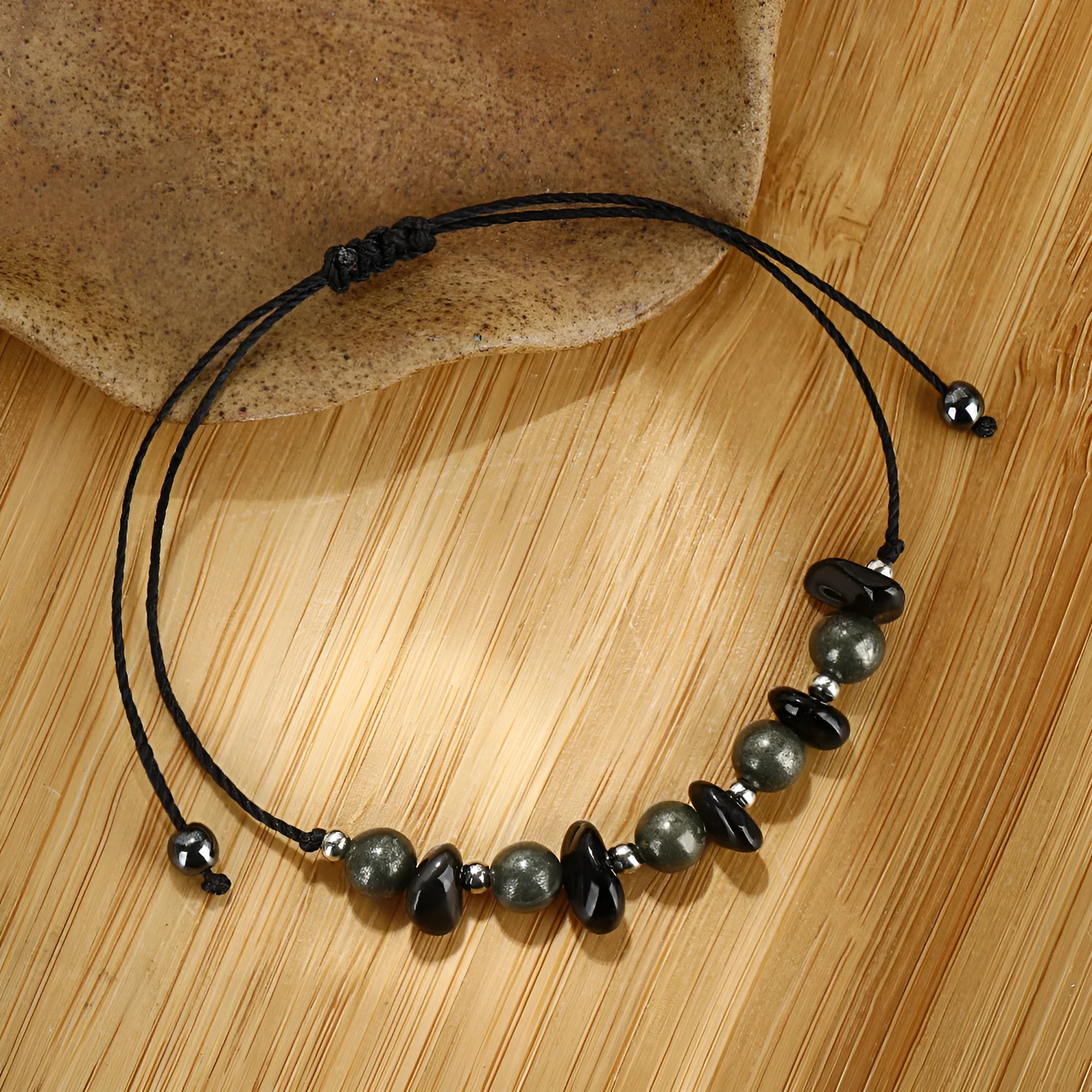 Black garnet stone bracelet with geometric moon design, manual processing, unisex accessory