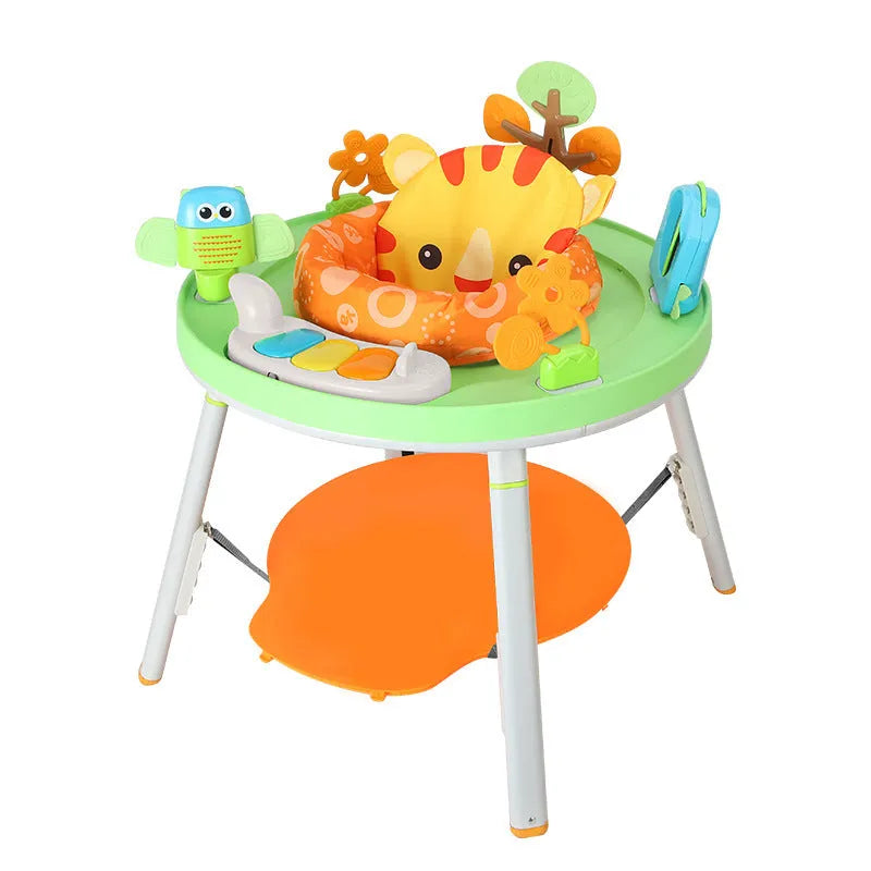 Baby jumping chair activity centre with bouncing frame and interactive toys in duck design.