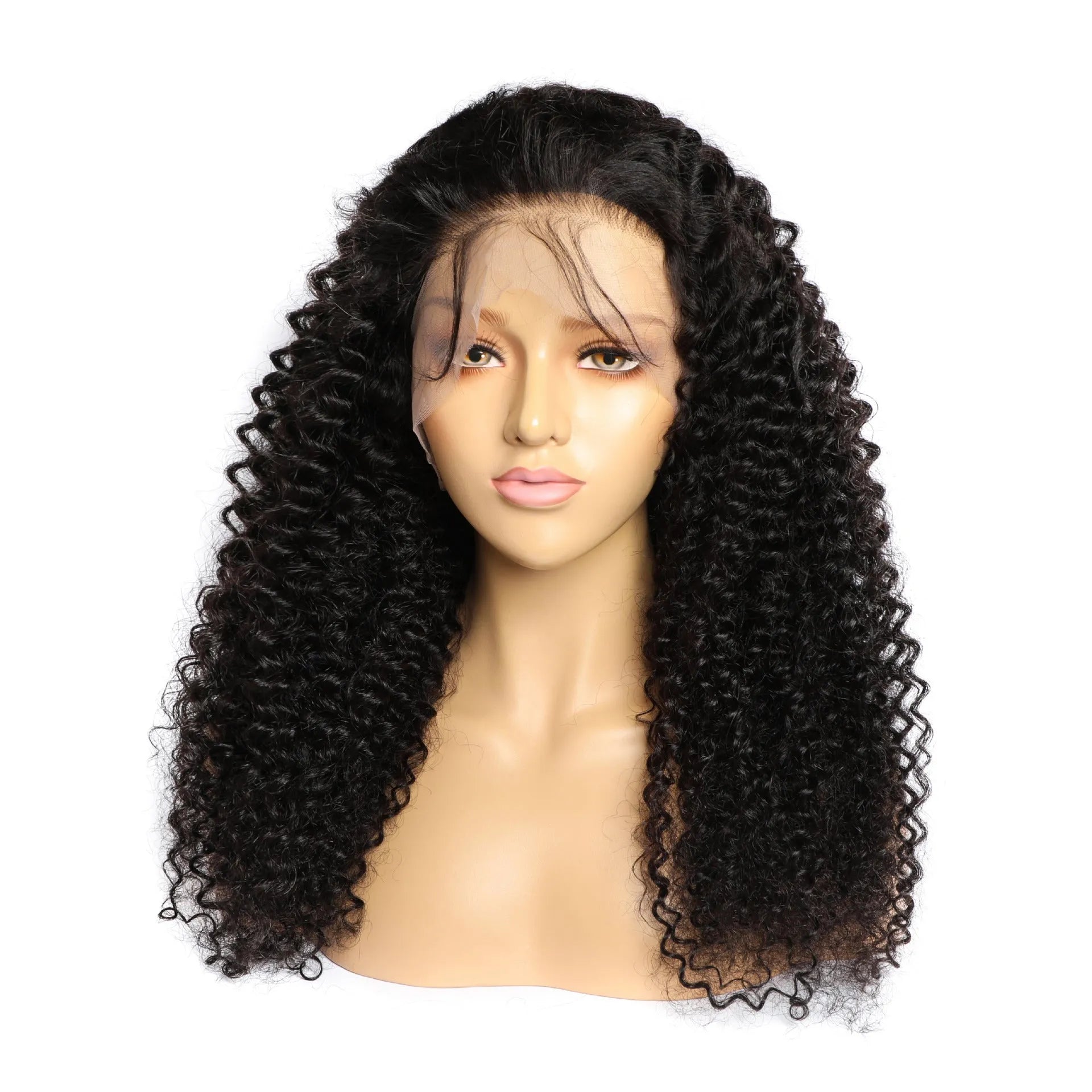 Curly human hair lace front wig with hand woven construction showing natural texture