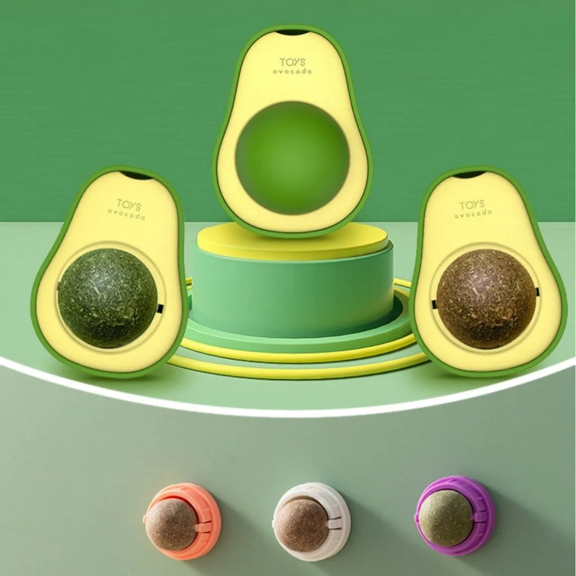 Plastic catnip ball toy in assorted colours for molar teeth cleaning and bite-resistant play.
