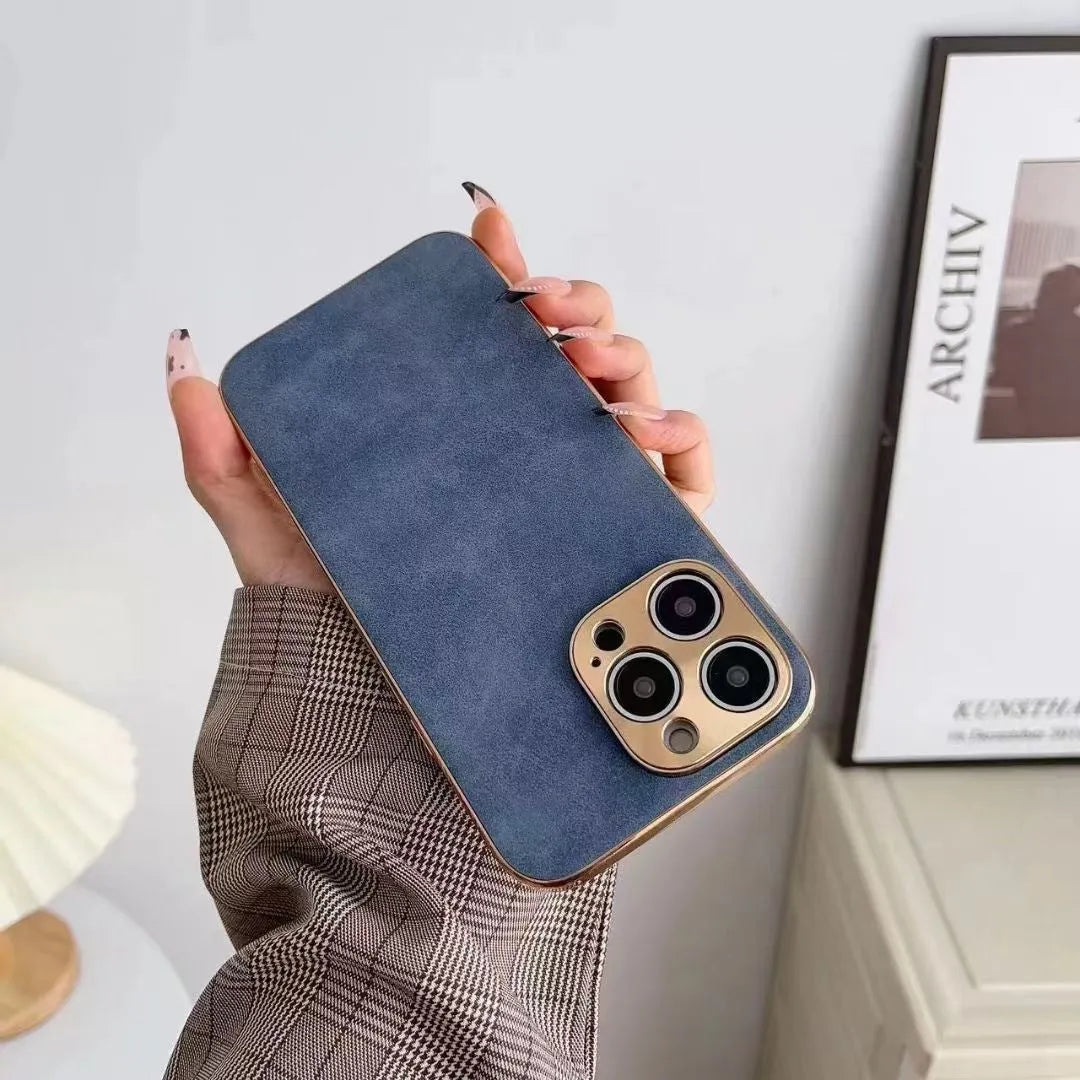 Slim grey leather texture TPU phone case for iPhone showing raised bezel around screen and camera.