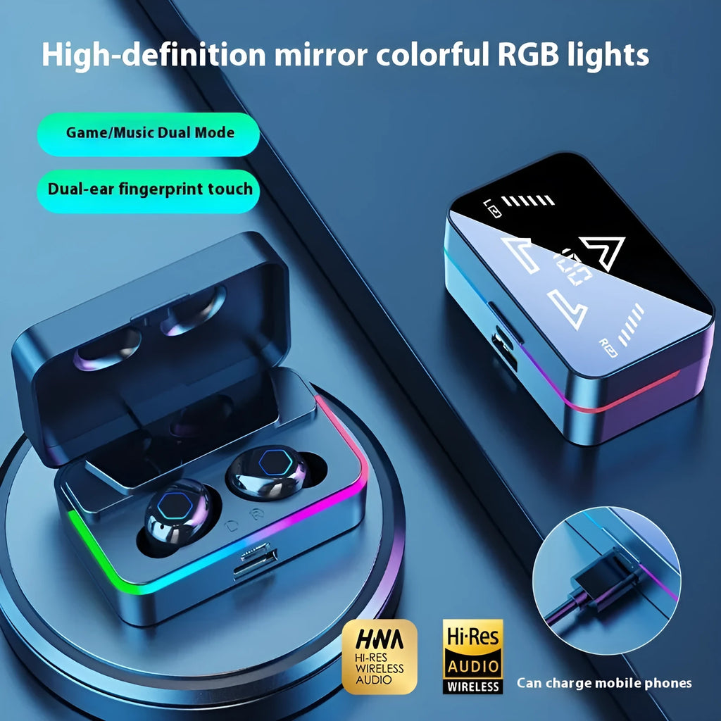 M49PRO Bluetooth headset in black with mirror digital display and in-ear sports style