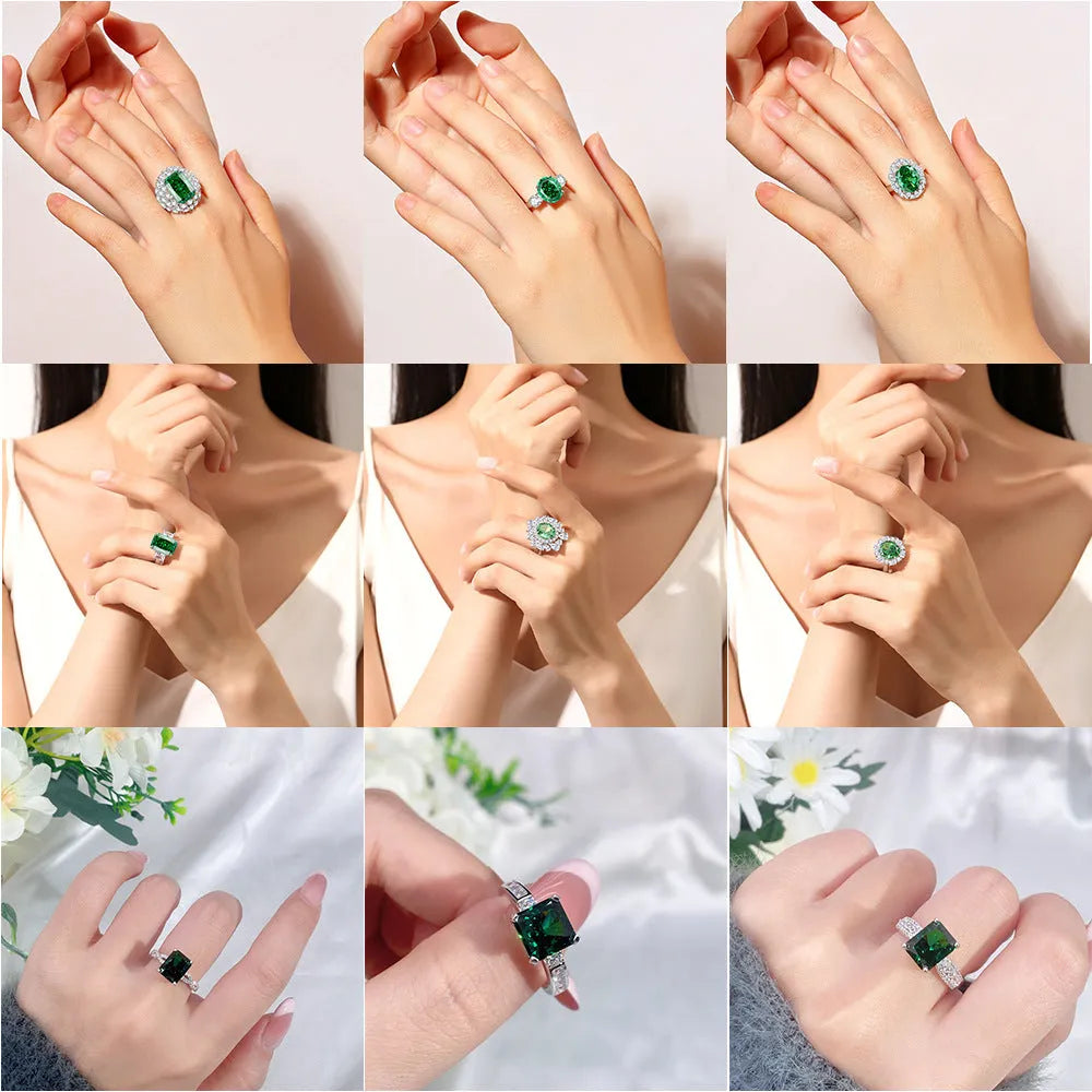 S925 sterling silver emerald ring with a geometric palaibahao high carbon diamond inlay on a woman's finger.