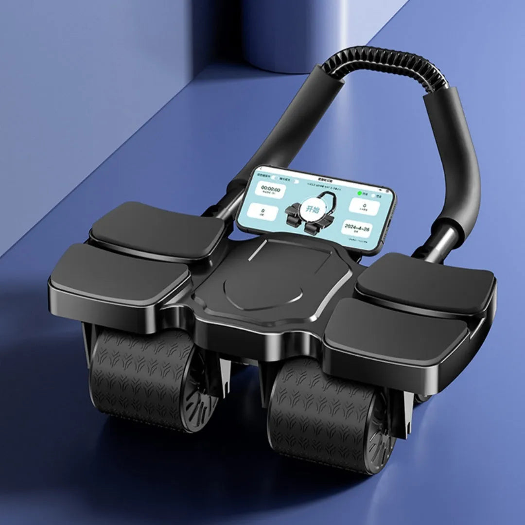 Black and blue four-wheel automatic rebound abdominal roller on a wooden floor