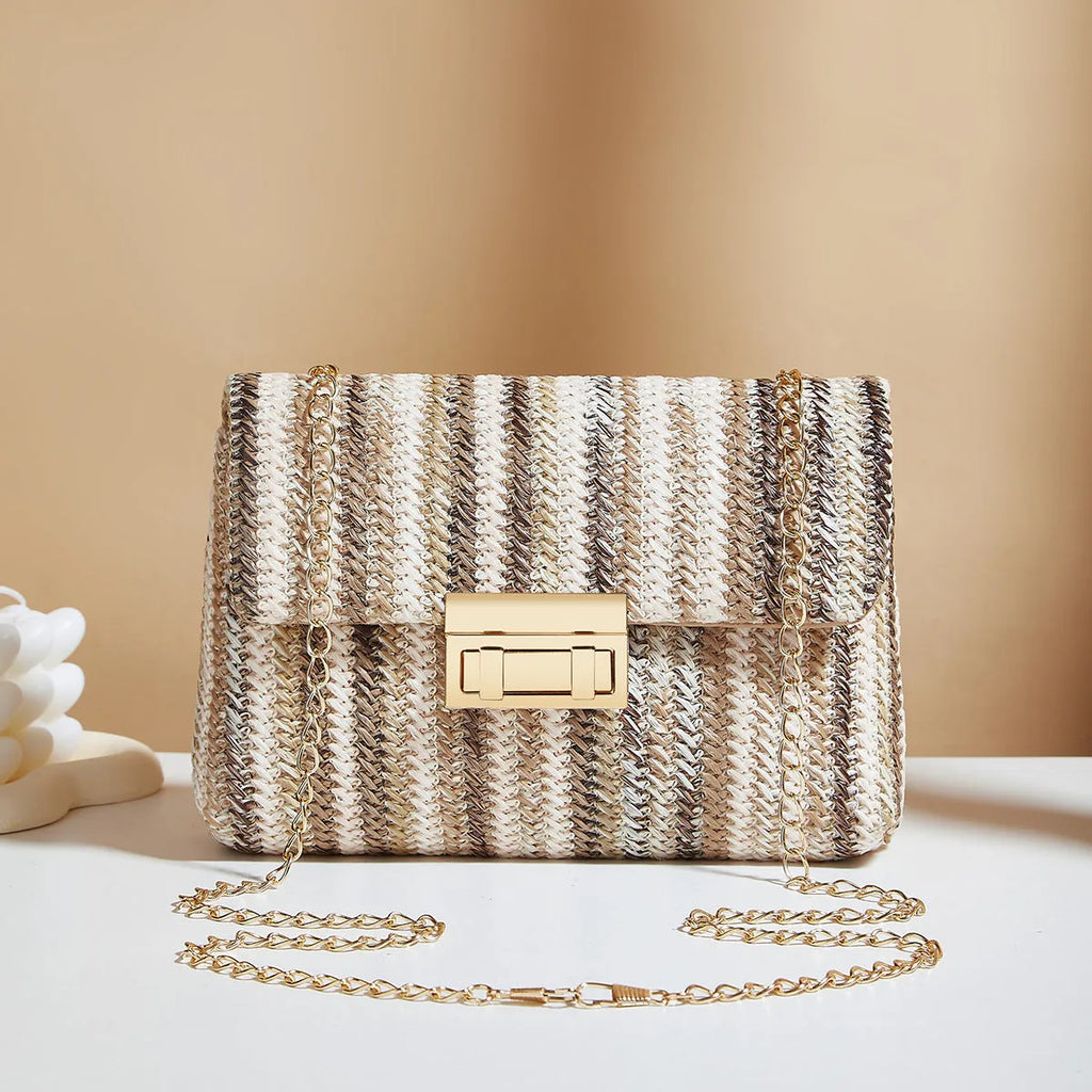 Women's small square straw cross-body bag in rainbow colour with mobile phone compartment