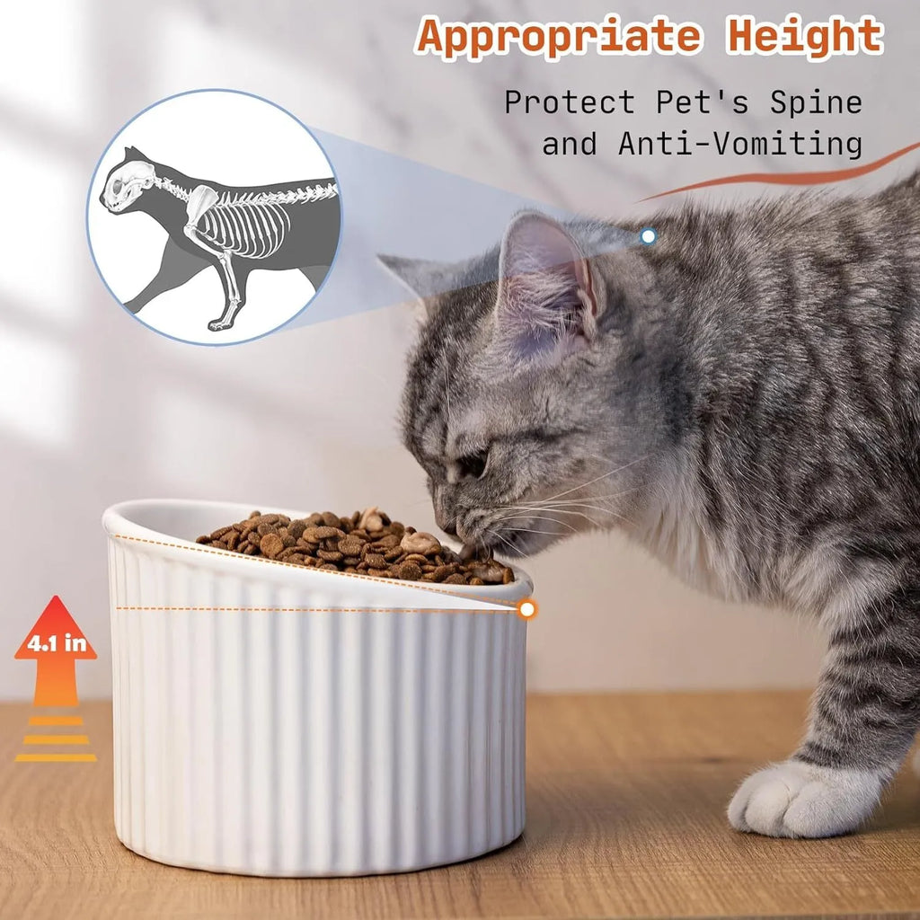 Ceramic elevated cat food bowl in green, showing tilted round dish on a raised stand.