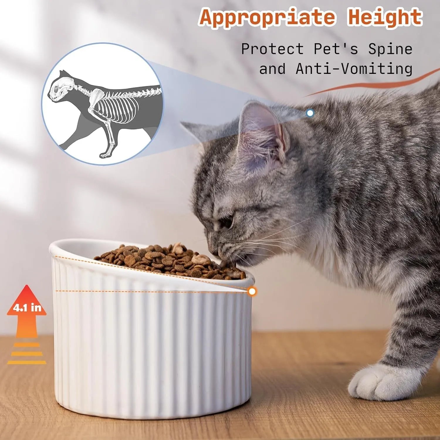 Ceramic elevated cat food bowl in green, showing tilted round dish on a raised stand.
