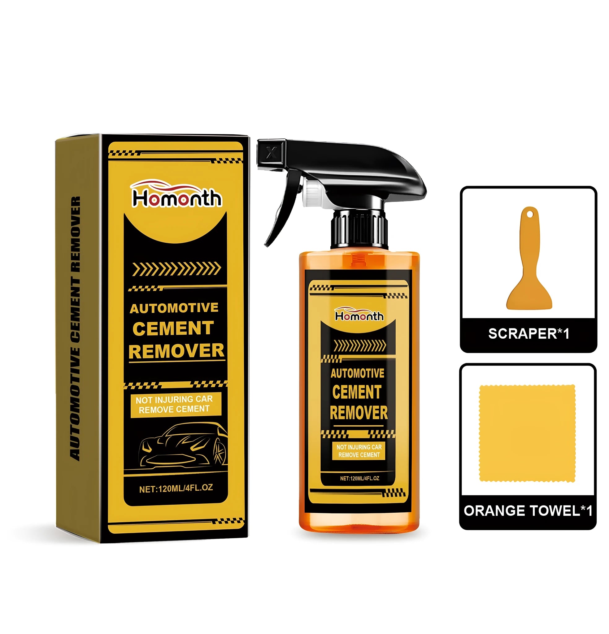 Automotive cement remover 120ml bottle with orange towel and plastic scraper on a white background