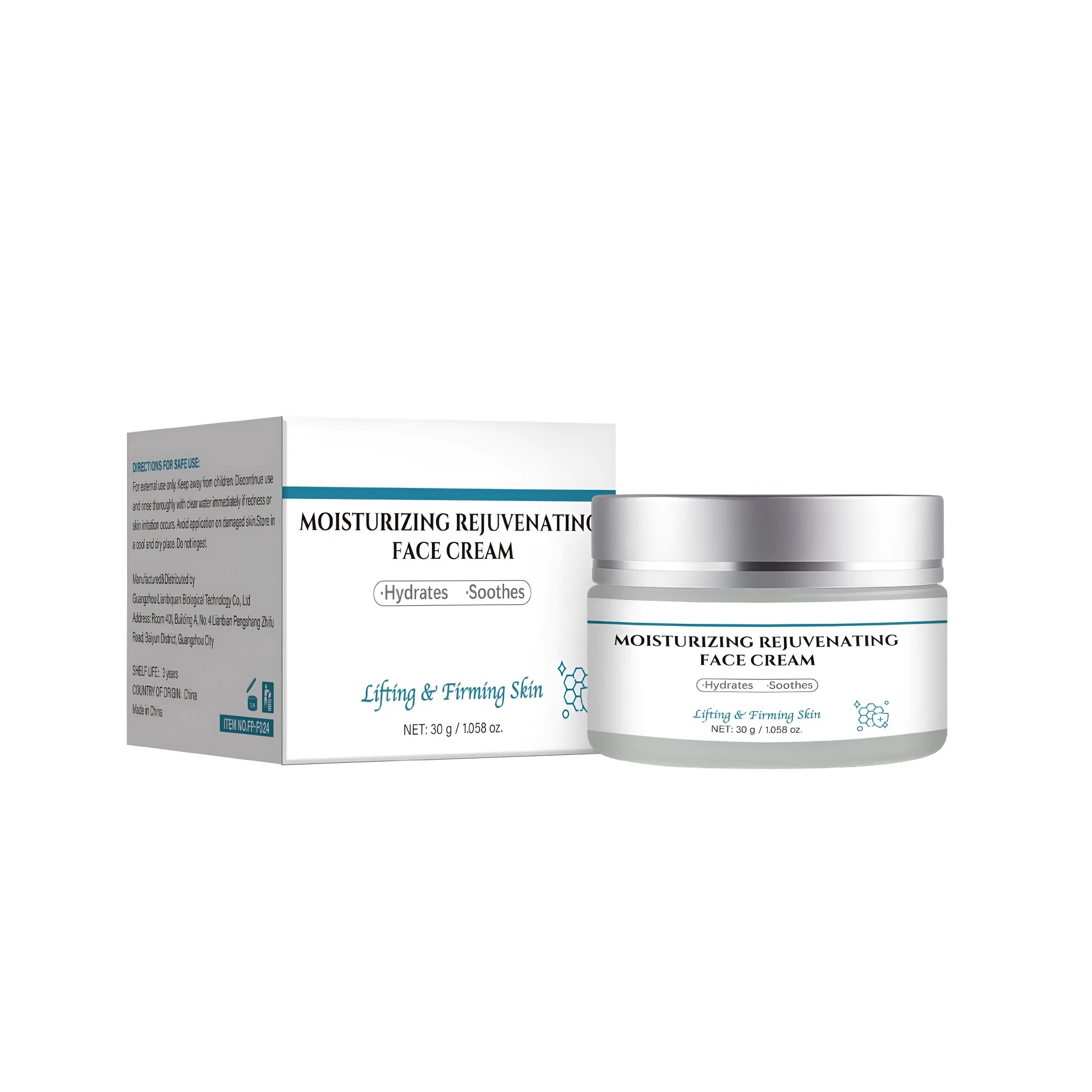 30g jar of anti-aging cream with FP-F024 specifications for facial moisturising skincare