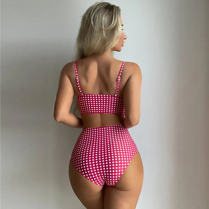 Women's rose red high waist bikini with plaid split design on the briefs.