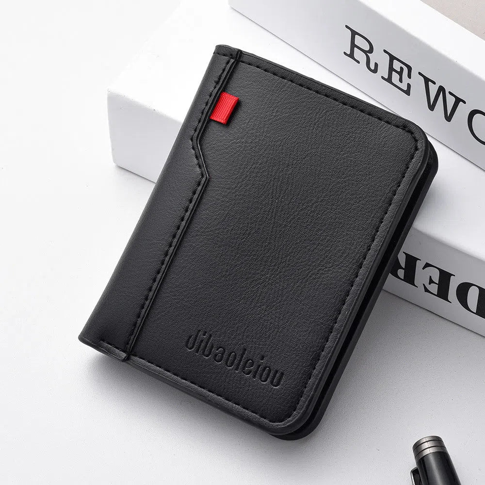 Vertical men's wallet in solid colour PU with visible stitching, ultra-lightweight design, available in black