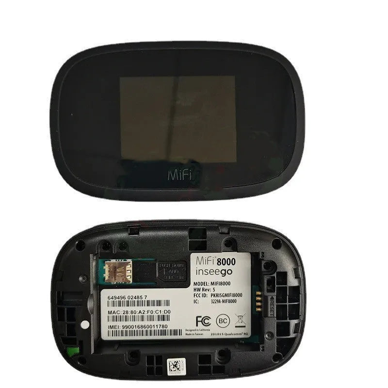 Black mifi8000 4G portable WiFi router with removable battery on a table