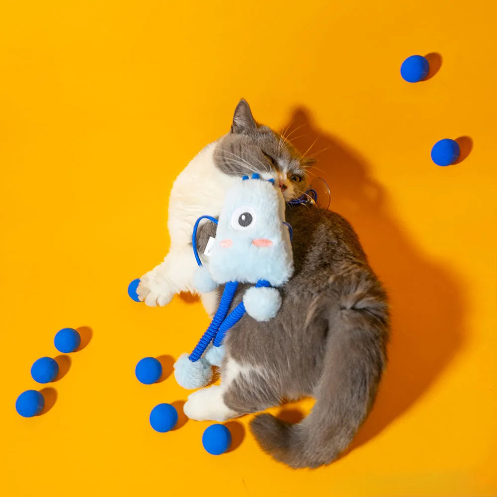 Blue plush cat toy ring on telescopic pole with mint bell, 30cm diameter