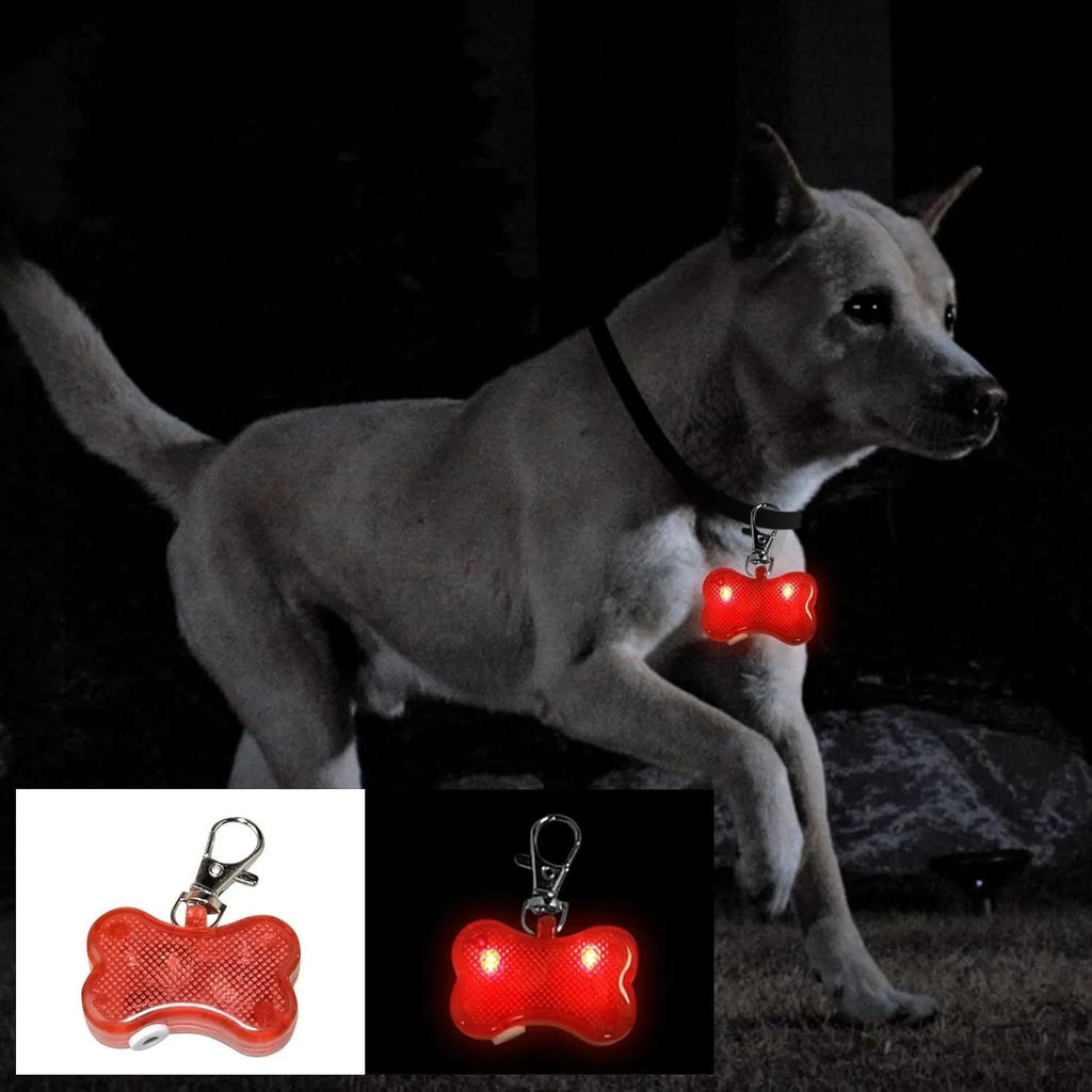 Blue LED luminous bone-shaped pendant for pet collars, shown with LR44 batteries.
