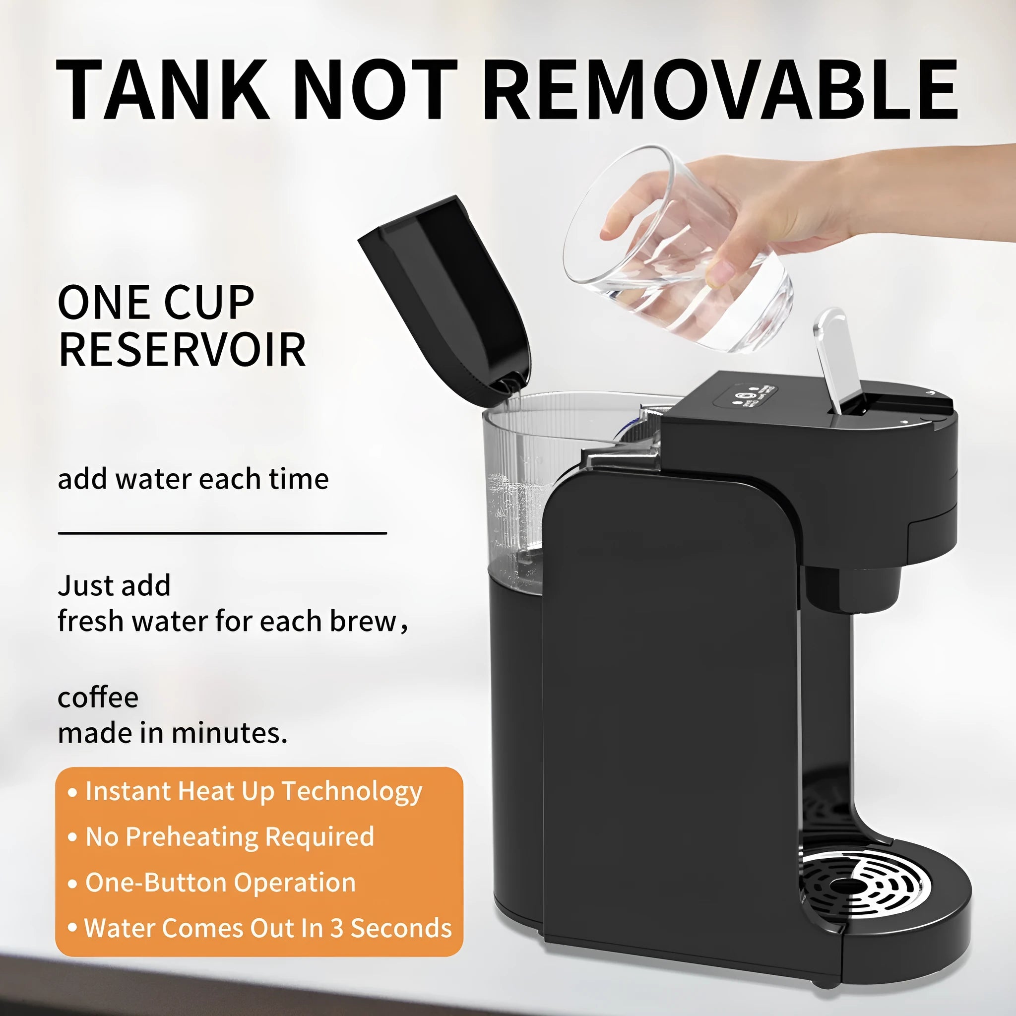 Compact black and white capsule coffee machine with transparent water tank and adjustable stainless steel drip tray.