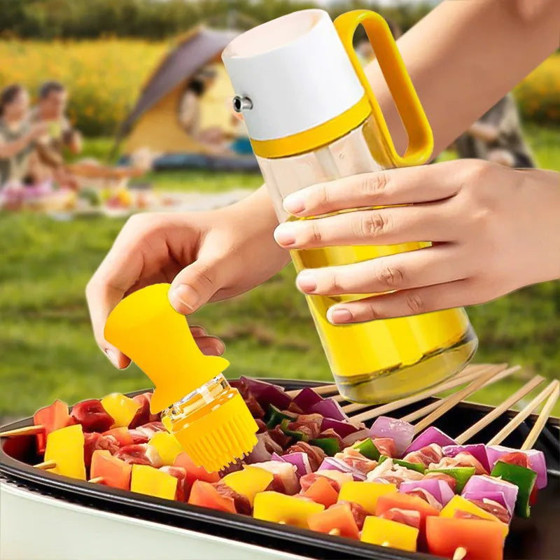 Yellow 2 in 1 oil dispenser with silicone brush next to glass bottle