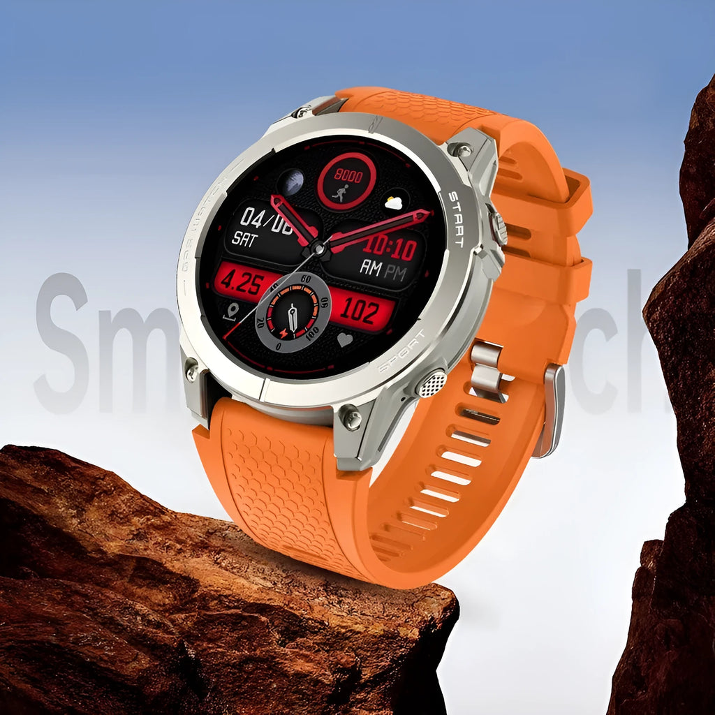 S53 Outdoor GPS Sports Call Smart Watch in black or orange with 1.43-inch IPS screen and silicone wristband