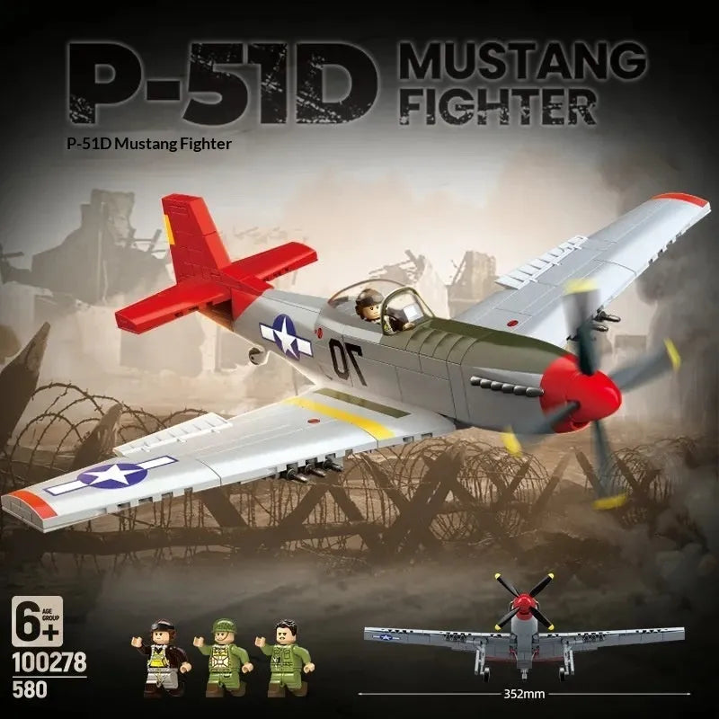 Building block airplane model of US military fighter Mustang P-510 made of plastic bricks for children aged 7-14