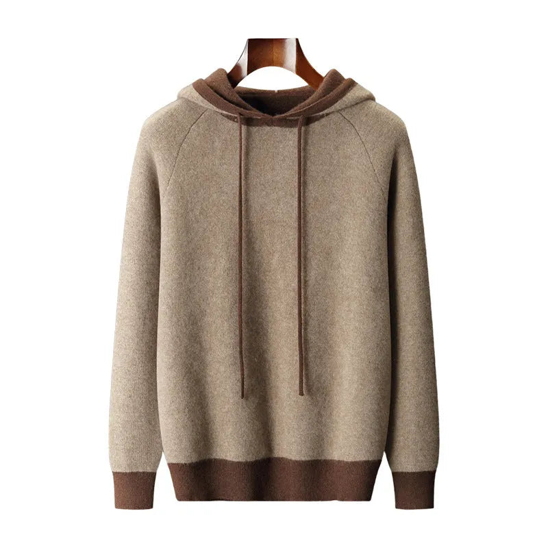 Knitted hooded pullover sweater coat in loose Korean style, available in purple velvet and elephant gray, winter casual wear for women.