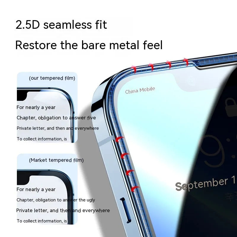 Black bare mold privacy tempered glass screen protector for iPhone, full-screen peep-proof film