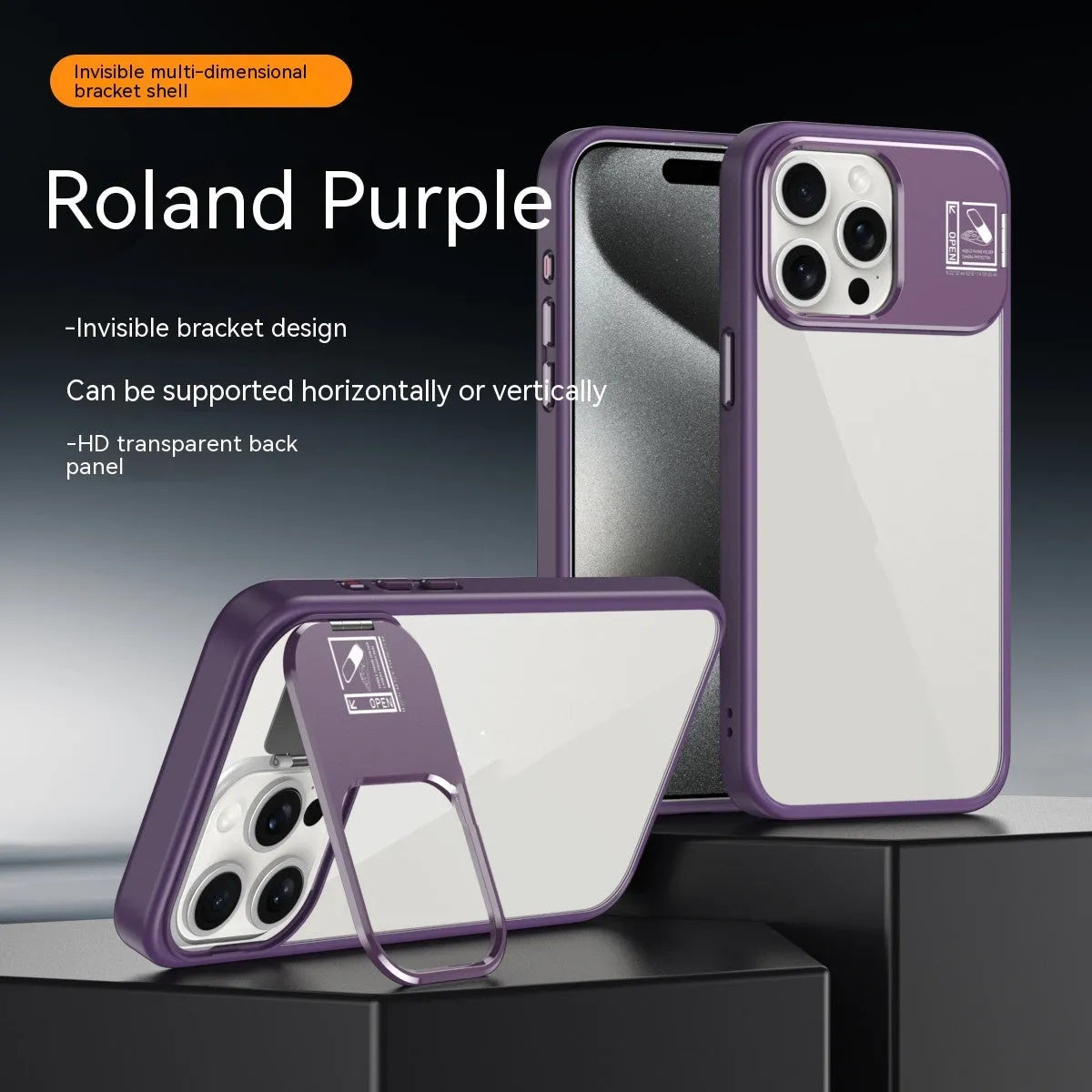 Creative simple stand phone case in acrylic for iPhone with built-in kickstand, available in multiple colours
