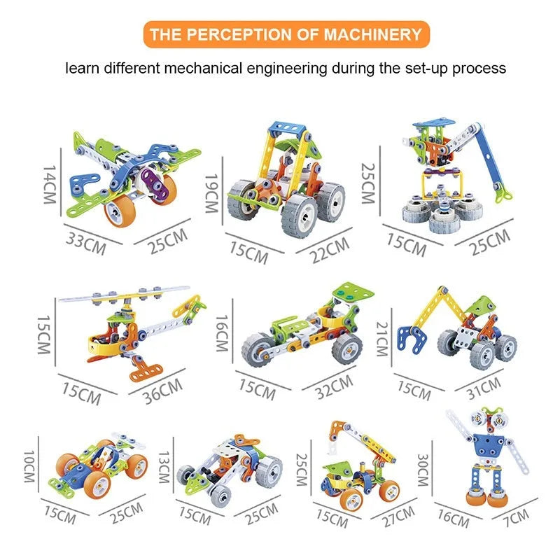 10-in-1 DIY soft silicone building blocks engineering vehicle and robot assembly model with screw tool in cartoon suitcase