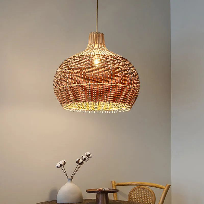 Nordic rattan chandelier with woven shade, 50cm diameter, for cafe or bar ceiling lighting.