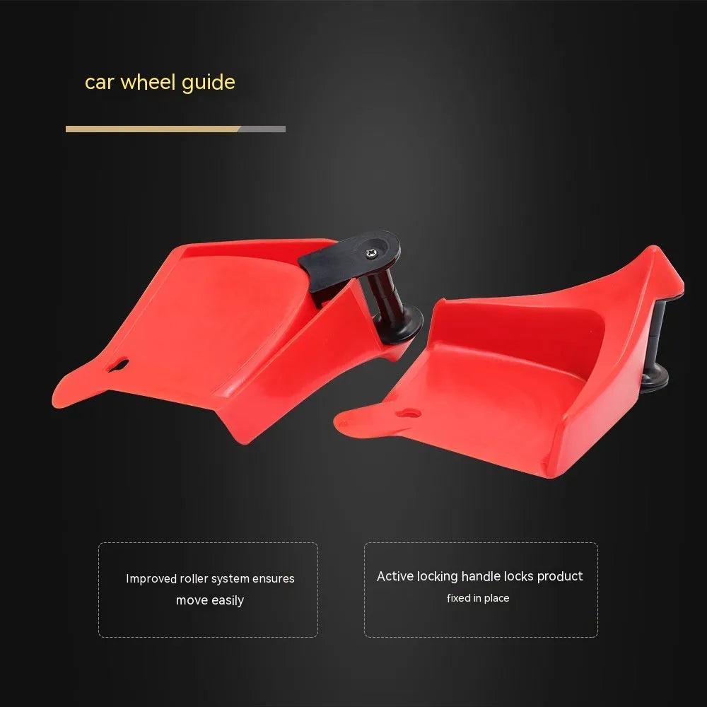 Four red triangular plastic car parking blocks with non-slip rubber surfaces