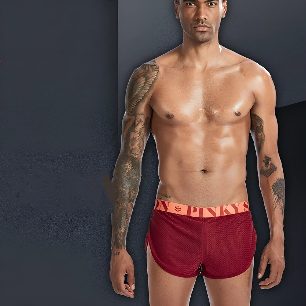 Mesh nylon men's boxer briefs in black, white, grey and wine red colours showing mid waist design