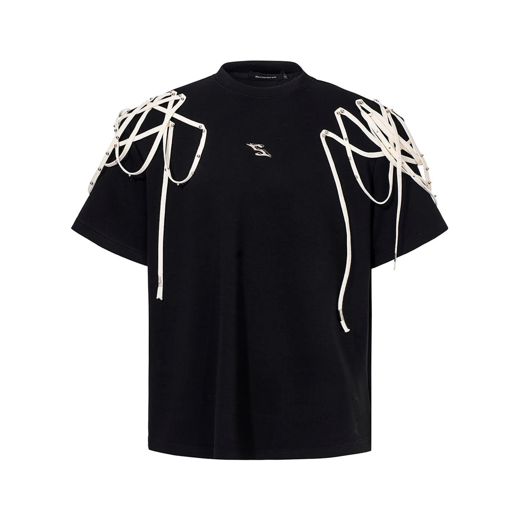 Black loose fit women's T-shirt with padded shoulders and decorative rivet ribbon detail.