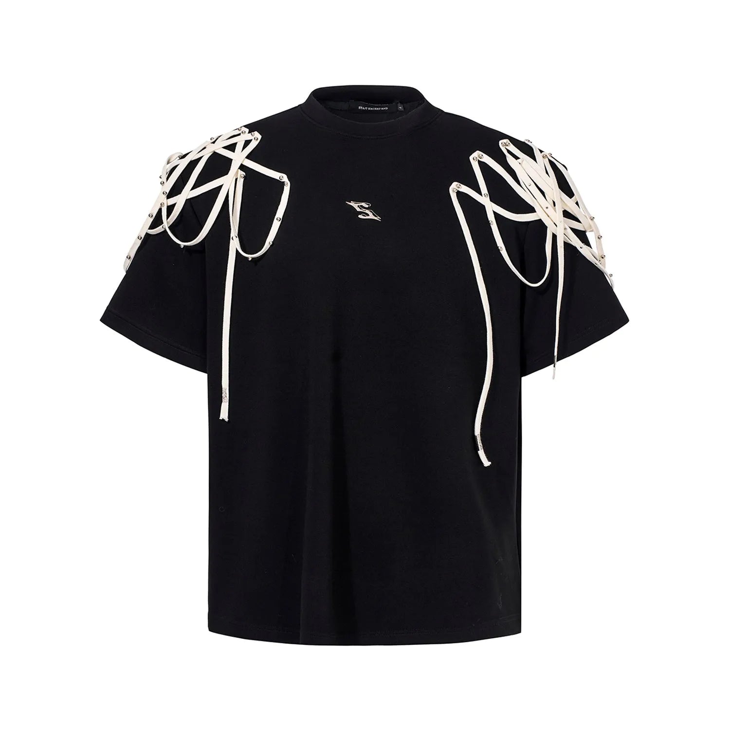 Black loose fit women's T-shirt with padded shoulders and decorative rivet ribbon detail.
