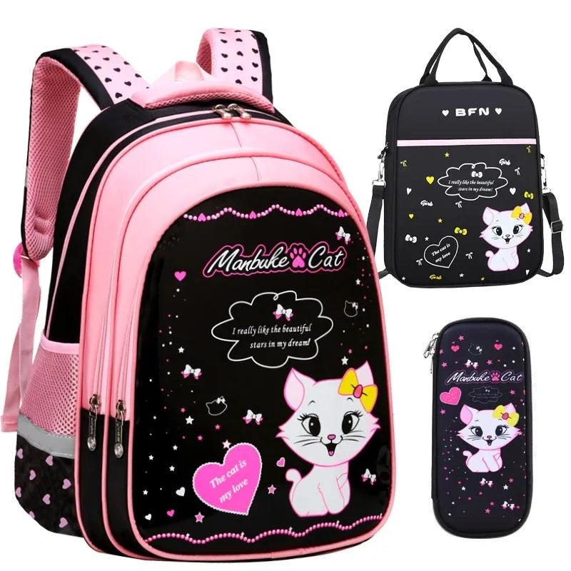 Kids school cute cat print nylon backpack with zipper opening and load-reducing design, available in large and small sizes