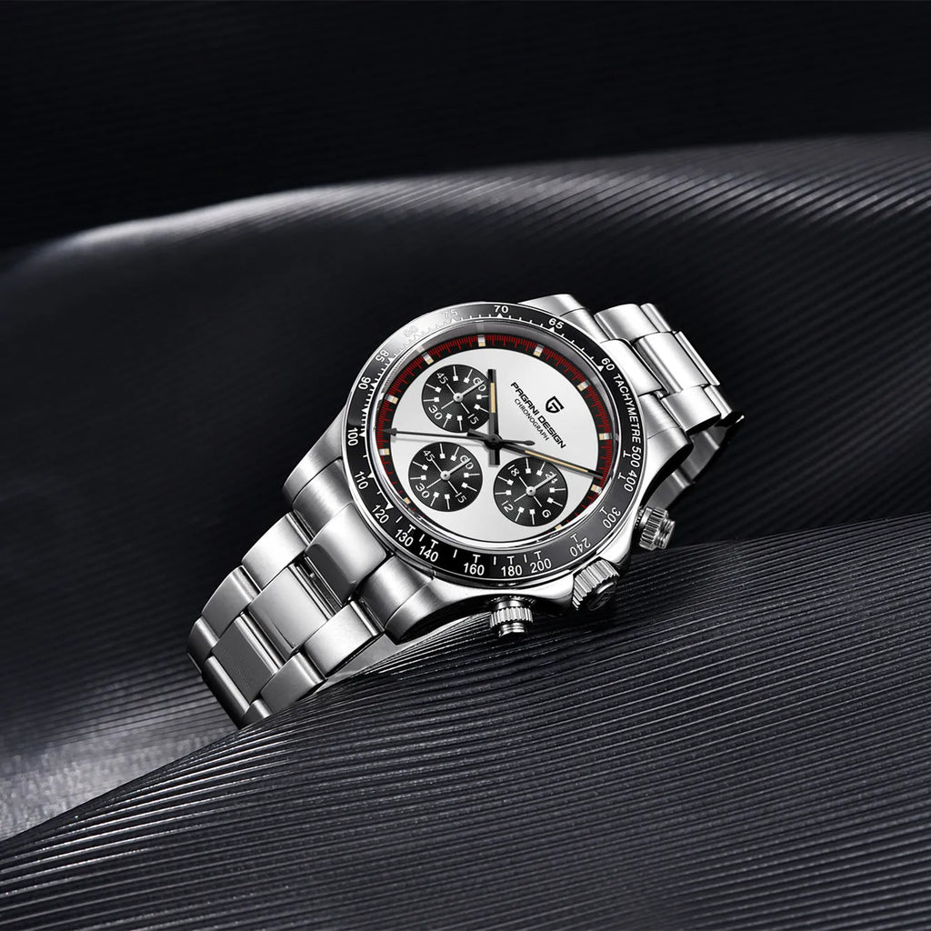 Berjani men's stainless steel chronograph watch with black dial and metal bracelet.