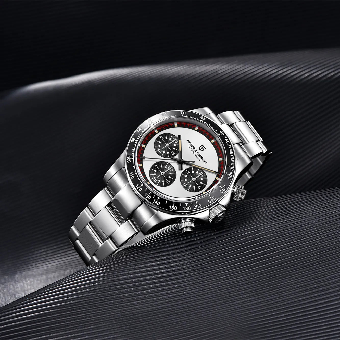 Berjani men's stainless steel chronograph watch with black dial and metal bracelet.