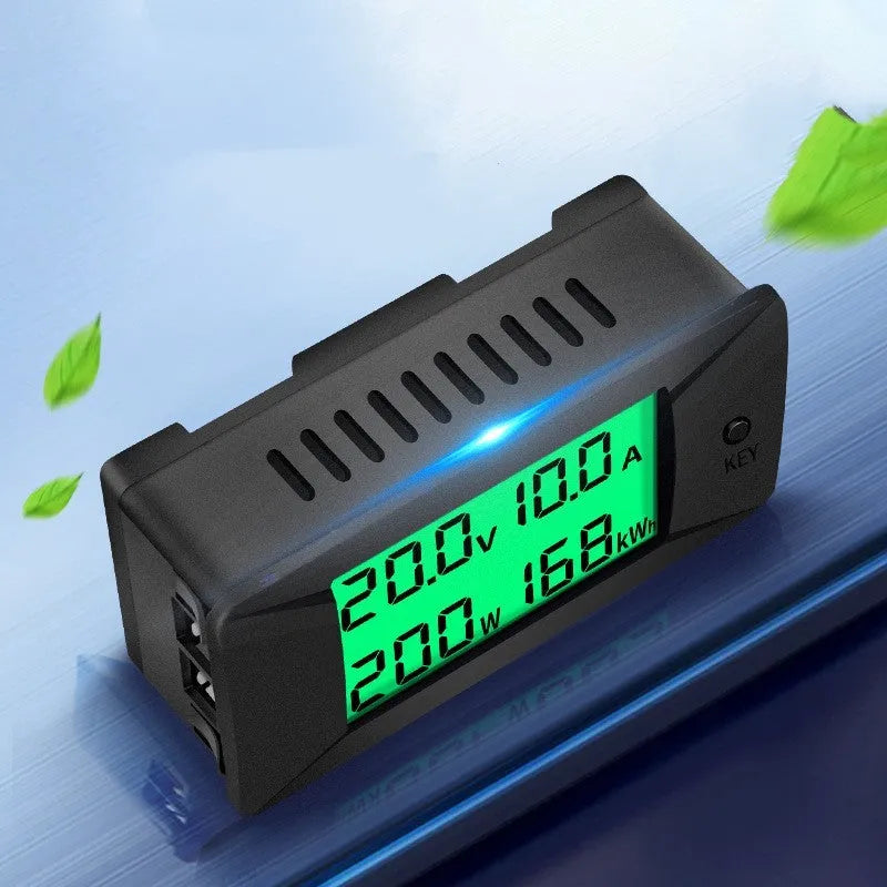 DC digital display voltmeter and ammeter panel meter with compact dimensions, showing host unit and wiring.