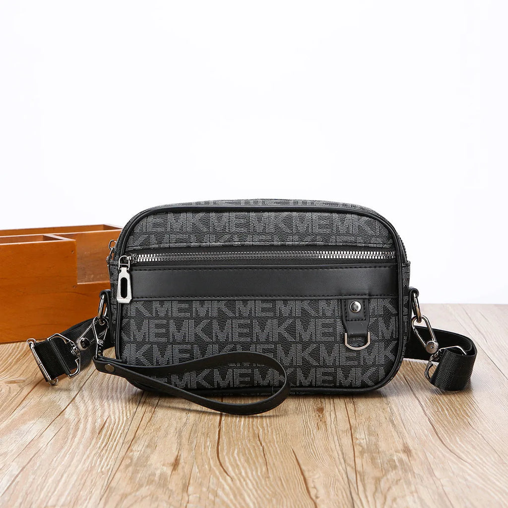 Men's black PU leather messenger bag with geometric pattern lining and shoulder strap