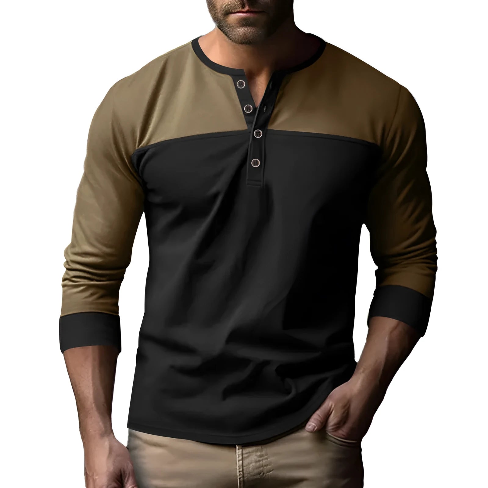 Men's retro colour block long sleeve polyester base shirt in black and brown, loose fit pullover