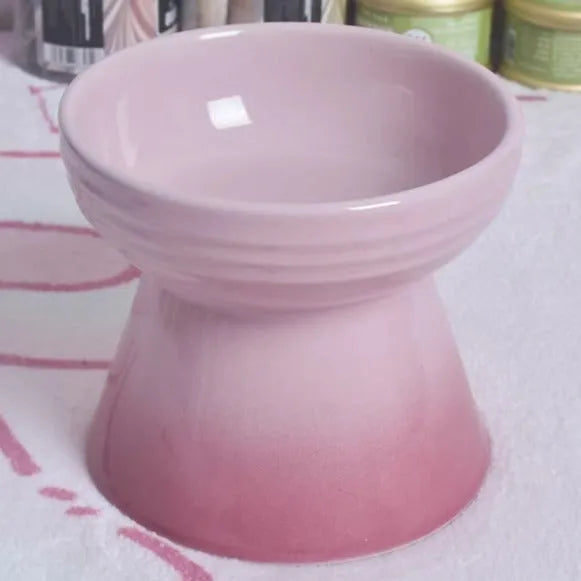 White ceramic pet bowl with a high foot base and wide, shallow eating area for dogs and cats
