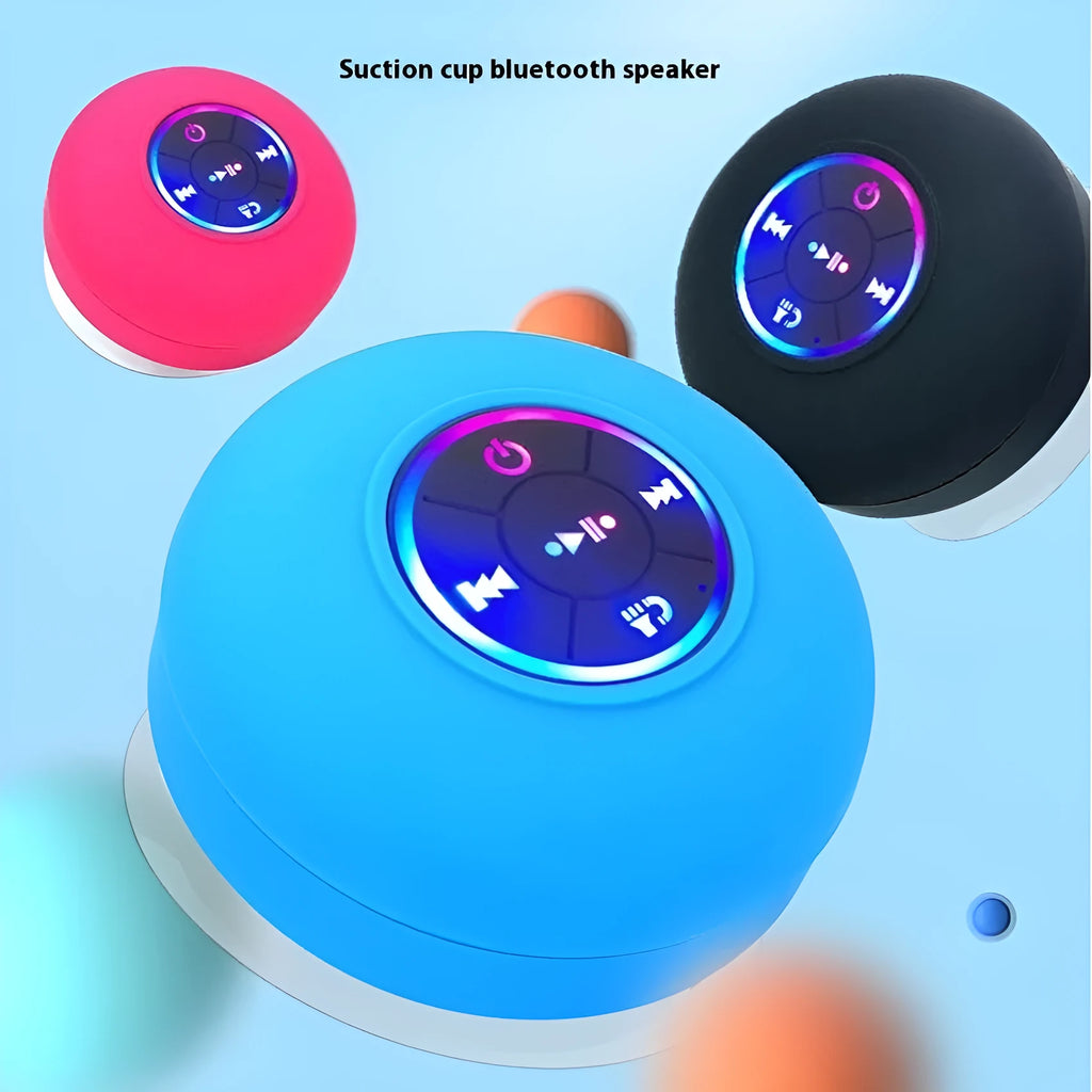 Waterproof Bluetooth speaker with suction cup base and LED lights in six colour options