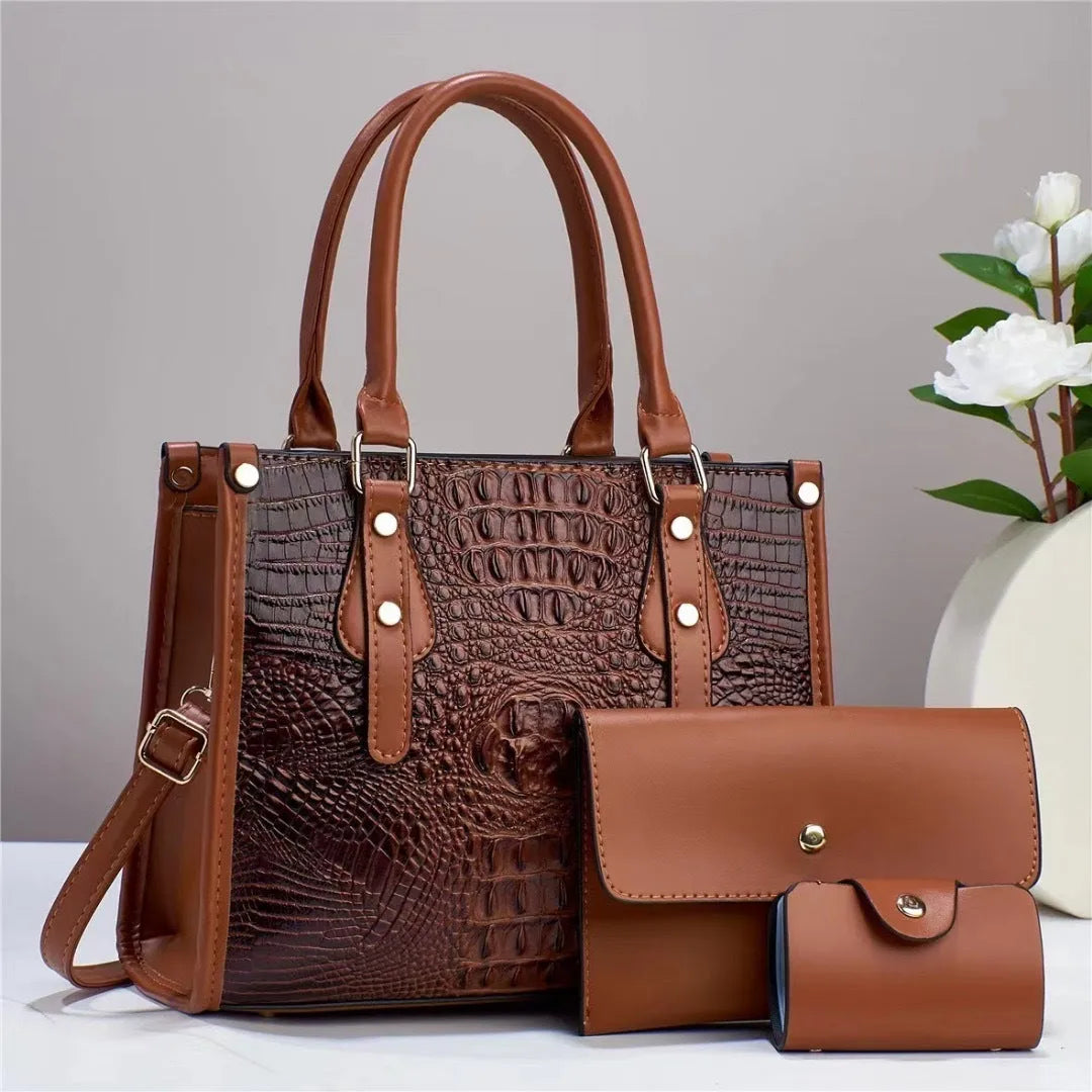 Contrast colour minimalist texture three-piece handbag set with crossbody bag, wallet and cardholder in PU leather